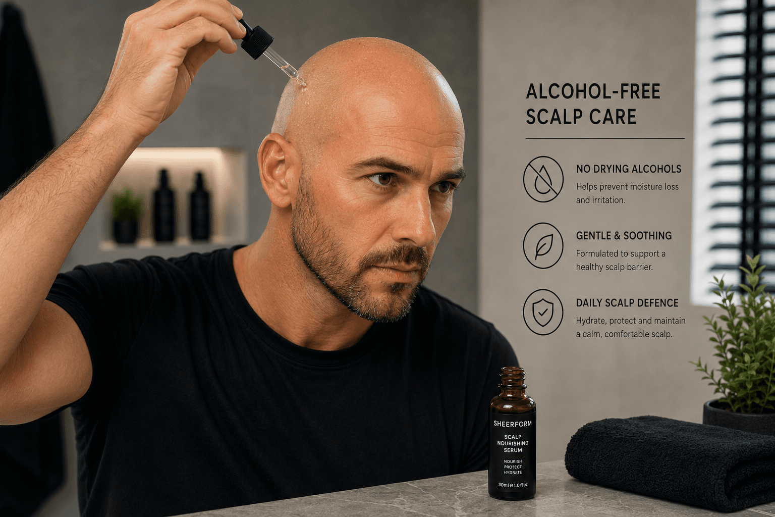 Man applying an alcohol-free scalp serum to a freshly shaved head after shaving