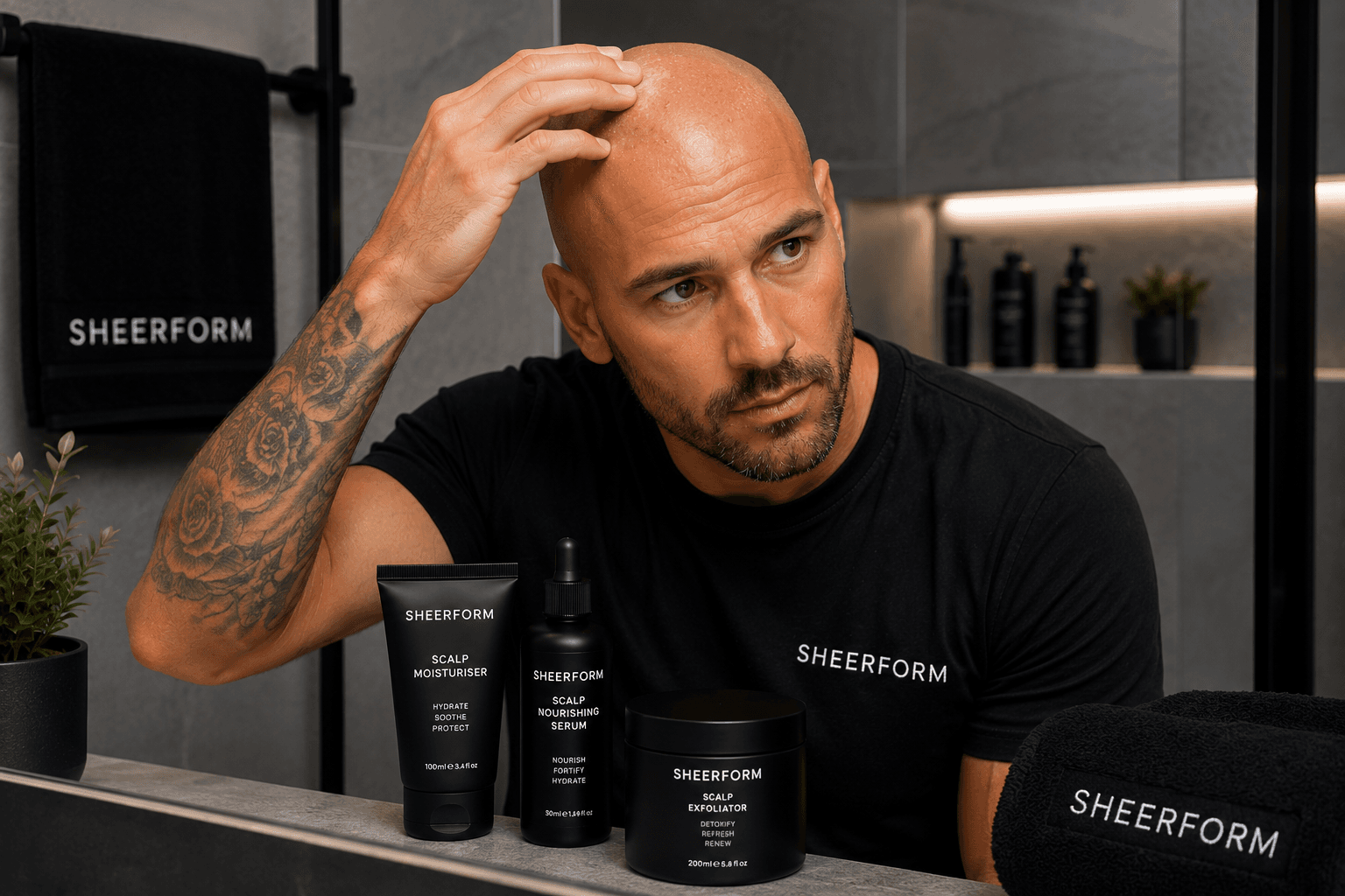Man checking his shaved scalp beside a complete scalp skincare routine