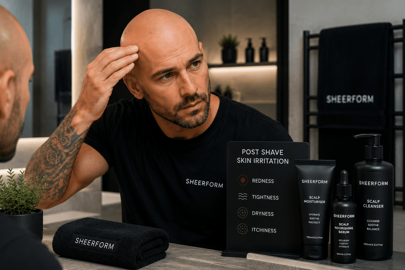 Man checking a freshly shaved scalp while following a calming post-shave skincare routine