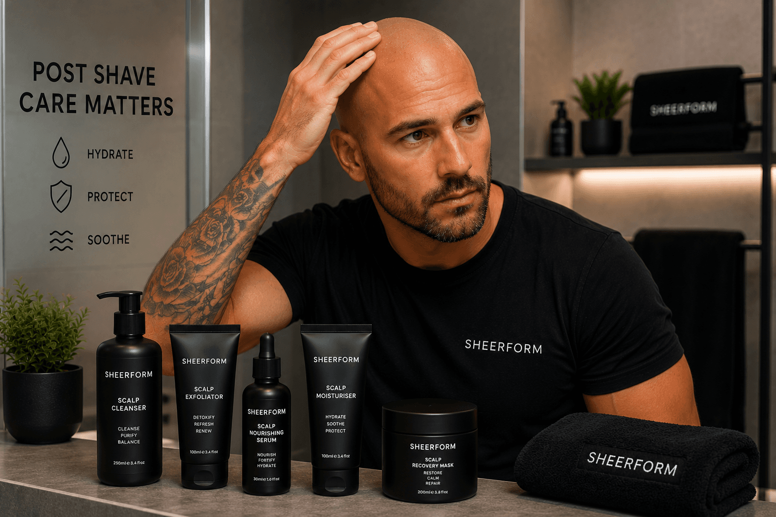 Man comparing scalp serum and moisturiser in a post-shave bathroom routine