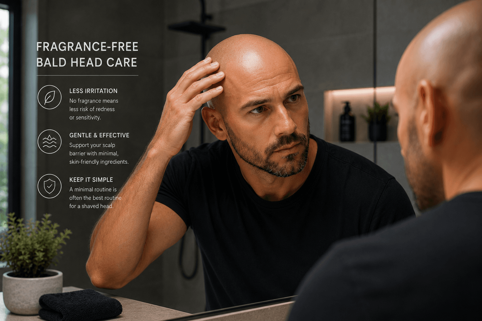 Man inspecting a shaved scalp while following a fragrance-free bald head care routine