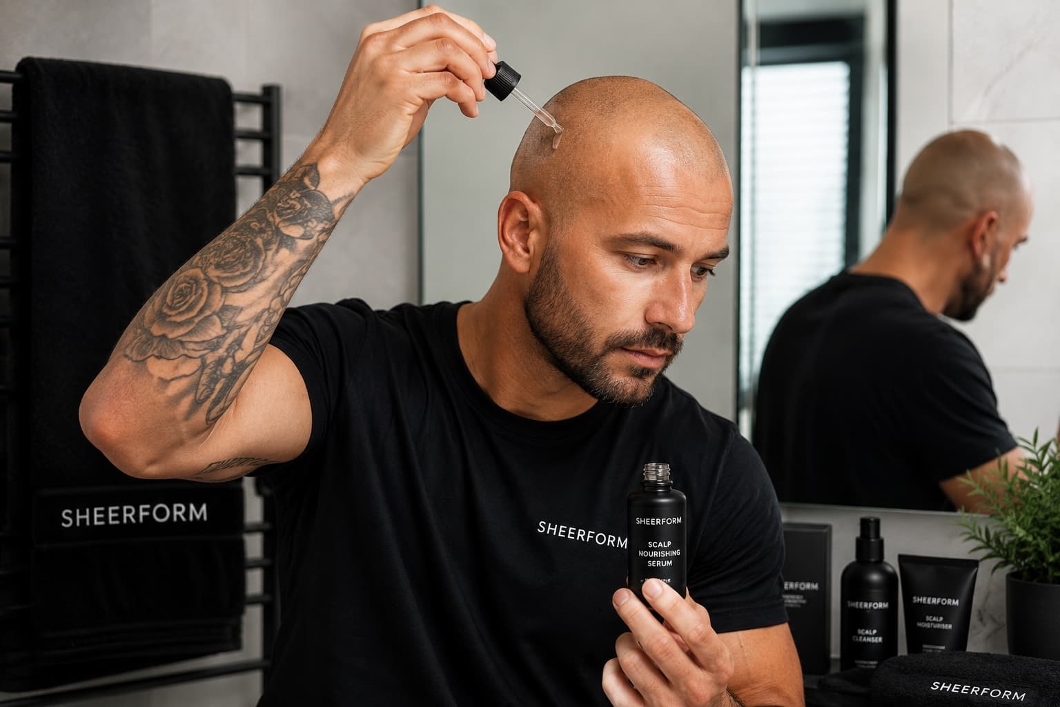 Man applying serum to a freshly shaved head after shaving