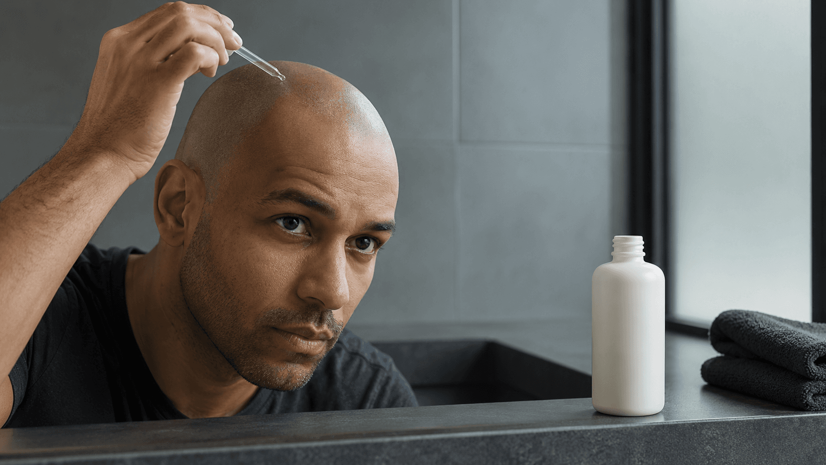 Man comparing facial skincare with dedicated shaved scalp care in a modern bathroom