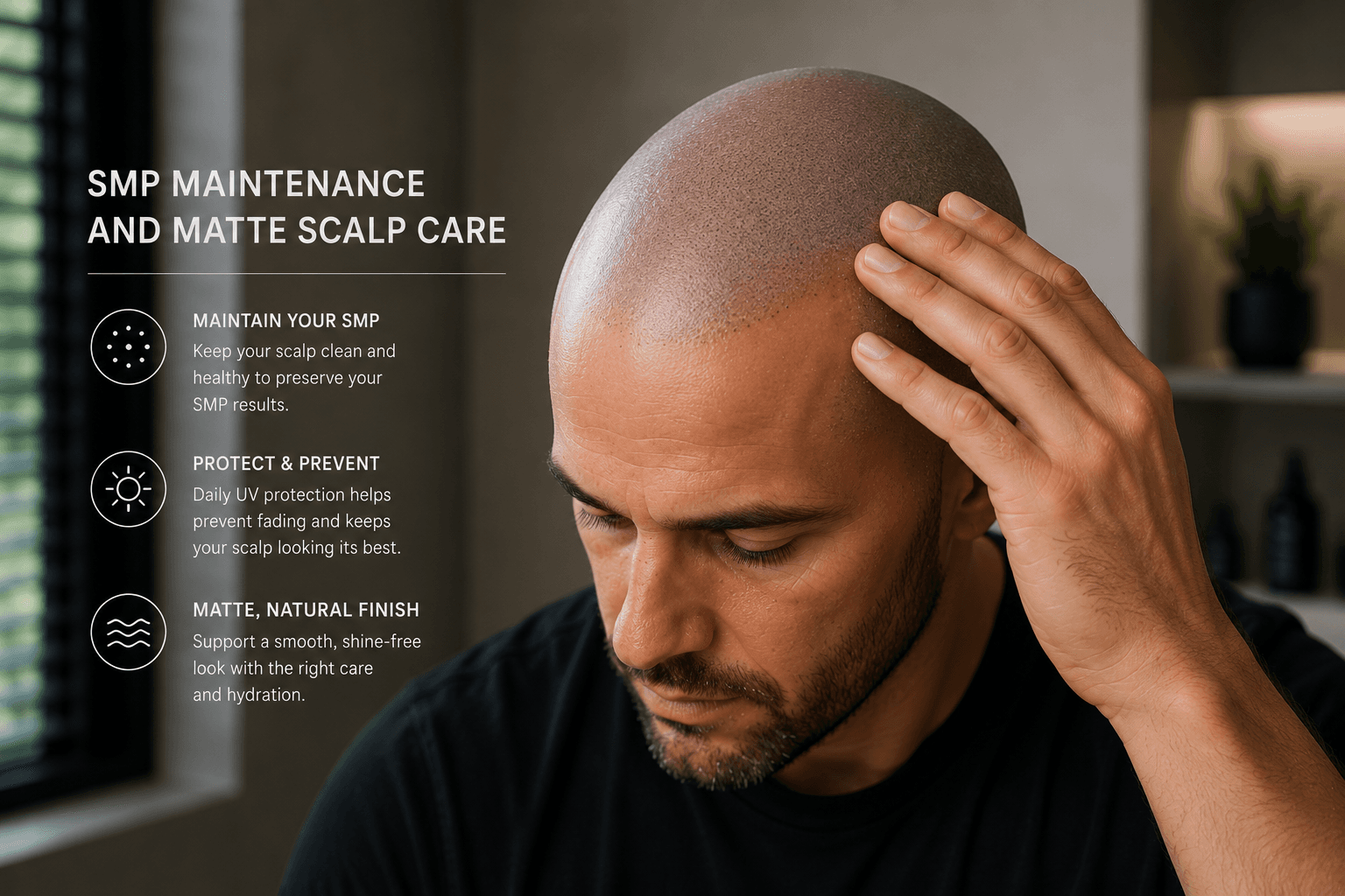Man checking SMP-treated scalp with a natural matte finish