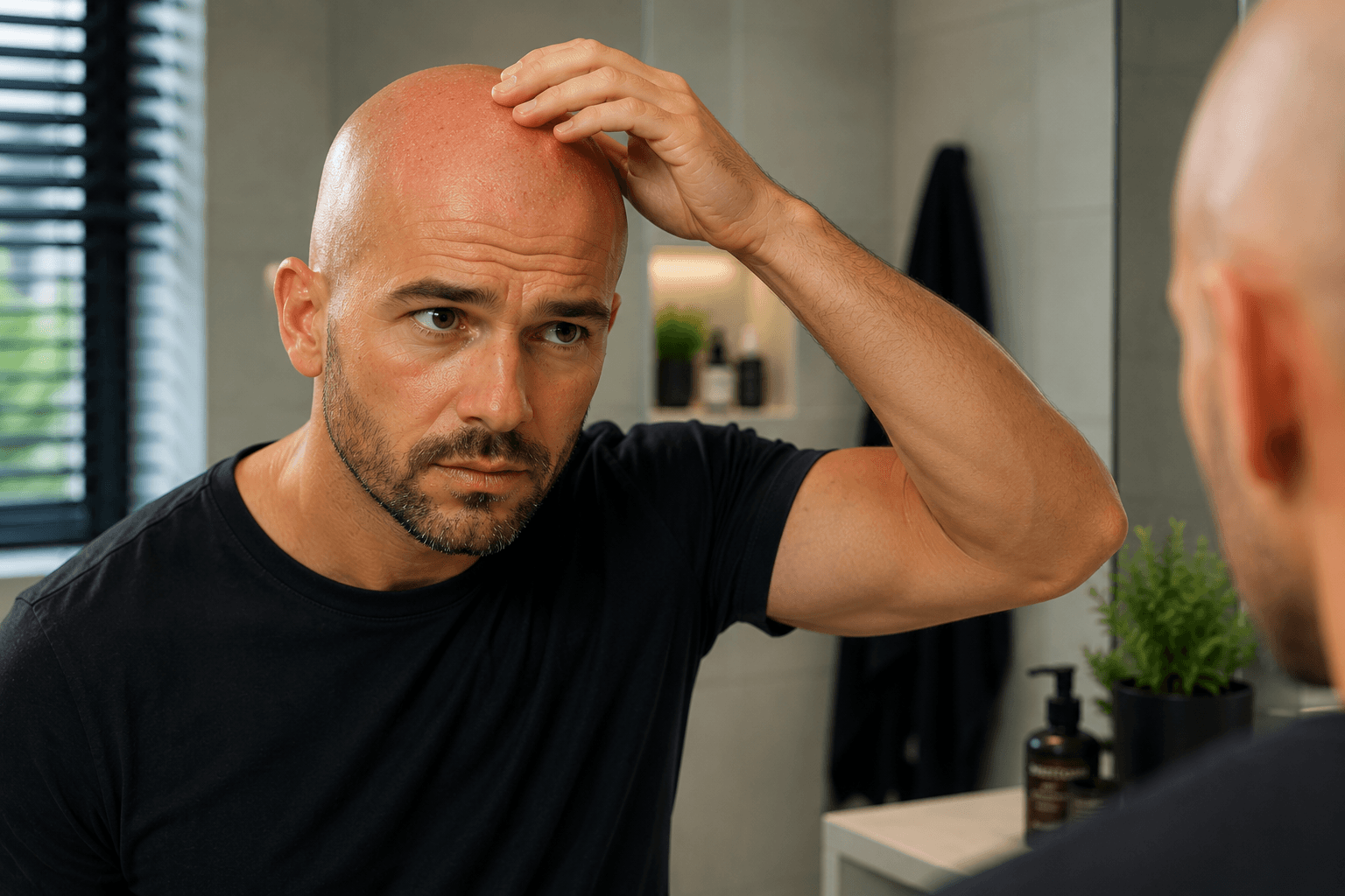 Man inspecting a freshly shaved scalp in a bathroom before applying skincare products