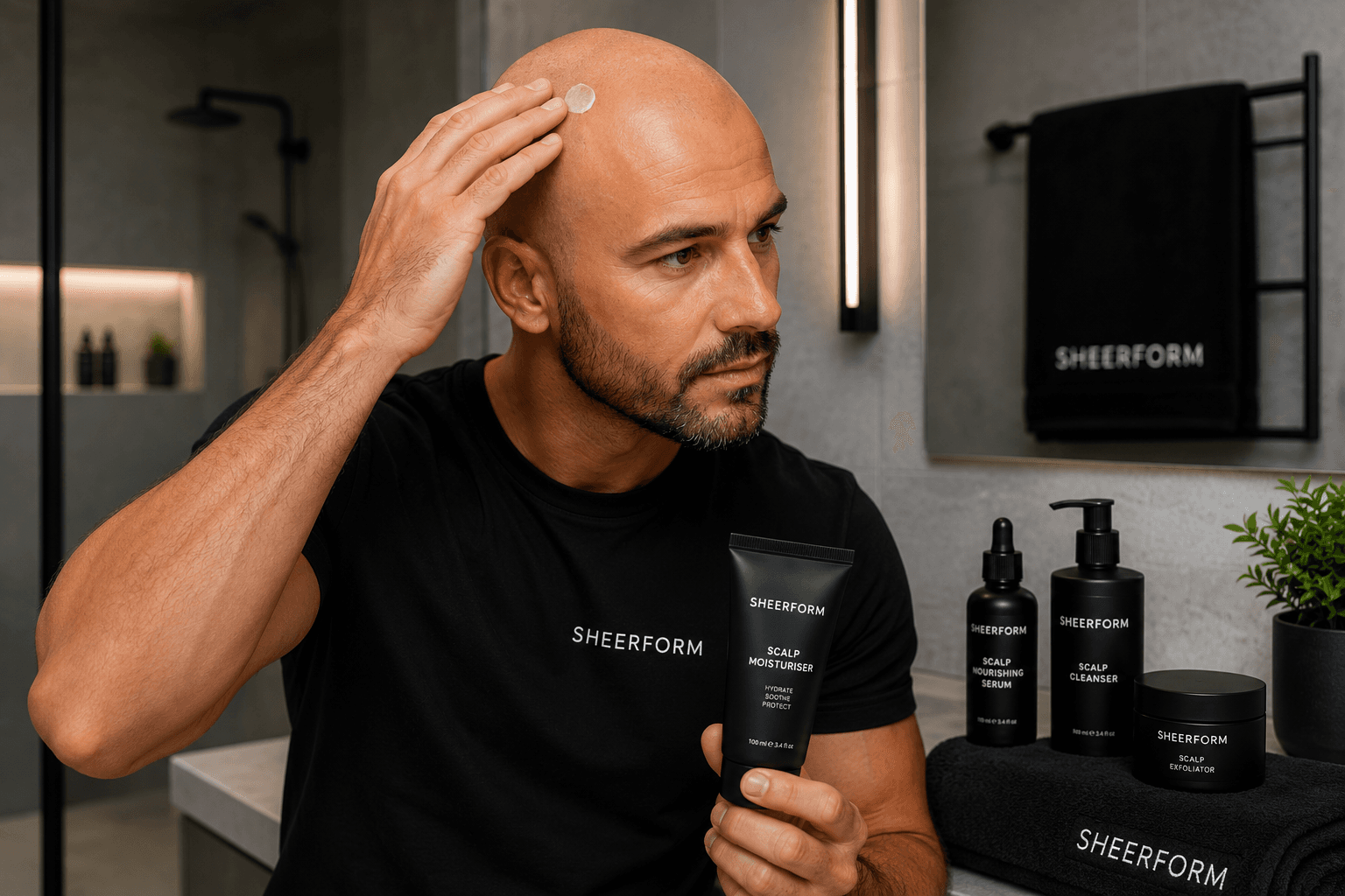 Man applying scalp moisturiser to a shaved head in a modern bathroom