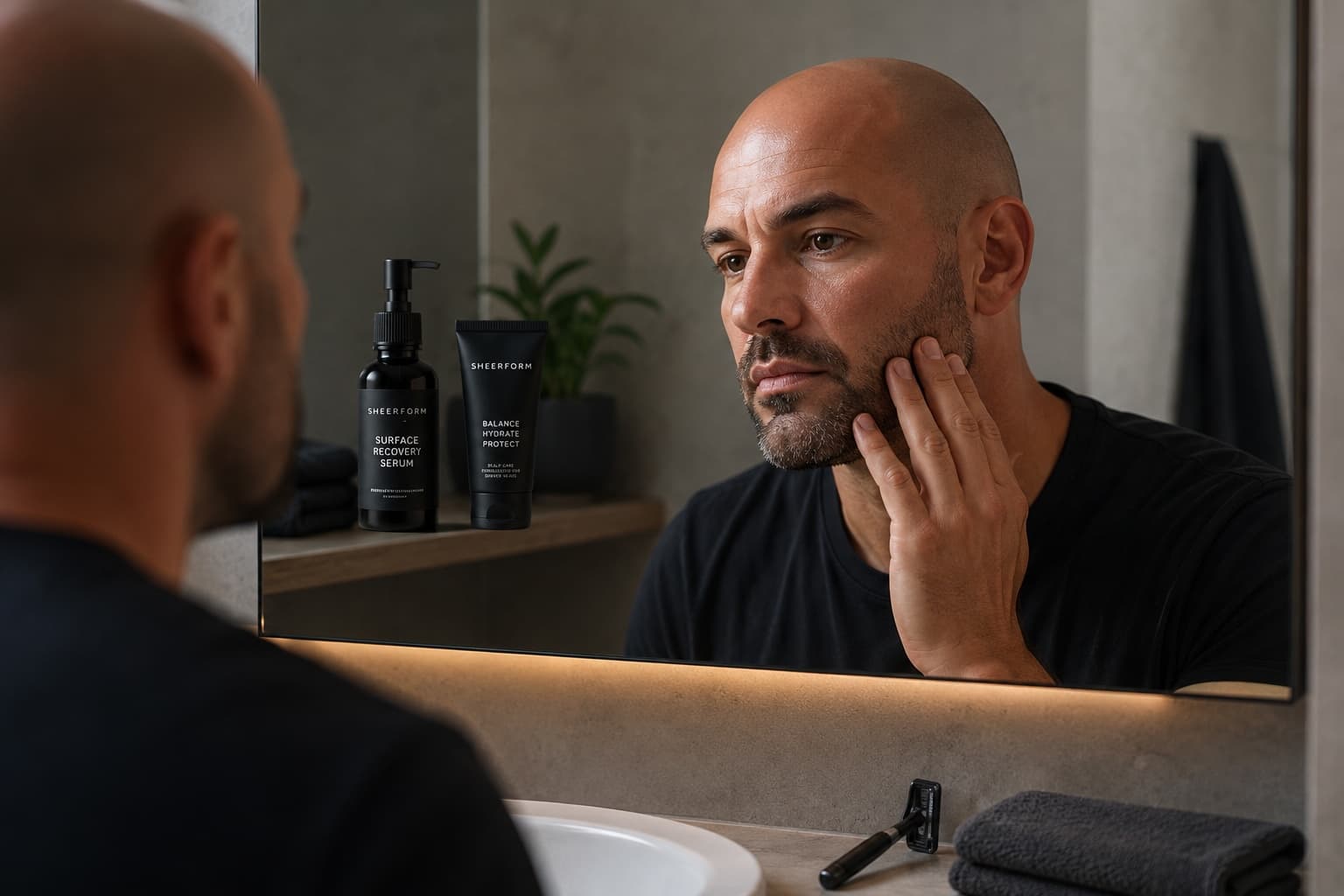 Man checking shaved scalp and face in bathroom mirror with scalp care products