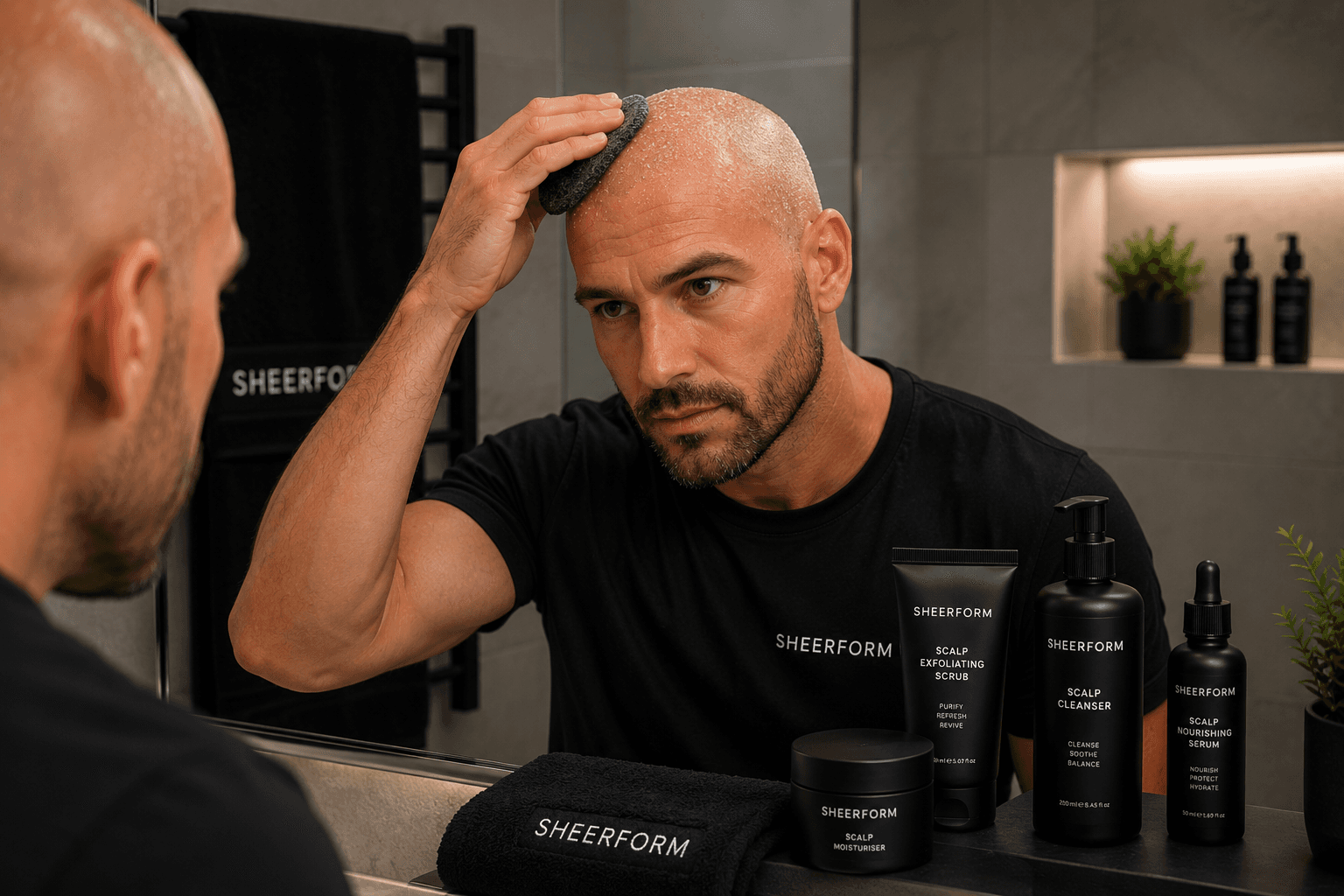 Man exfoliating a shaved scalp after moisturiser in a modern bathroom