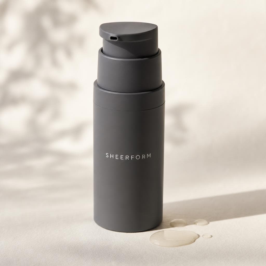 SHEERFORM Surface Recovery Serum concept bottle with lightweight serum droplets on a warm off-white surface