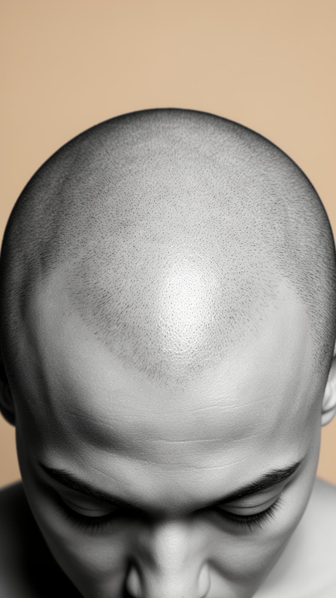 Editorial side-profile portrait highlighting scalp texture and finish