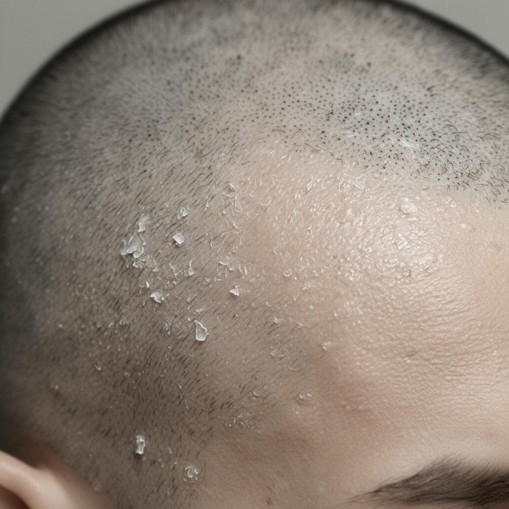 Macro photograph representing a dry, tight shaved scalp.