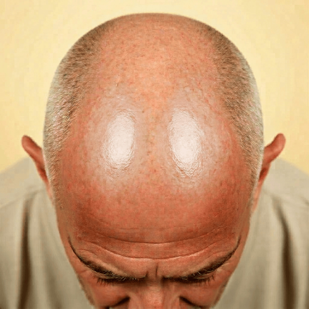 Close-up of a shaved scalp catching harsh reflective light, showing unwanted shine.