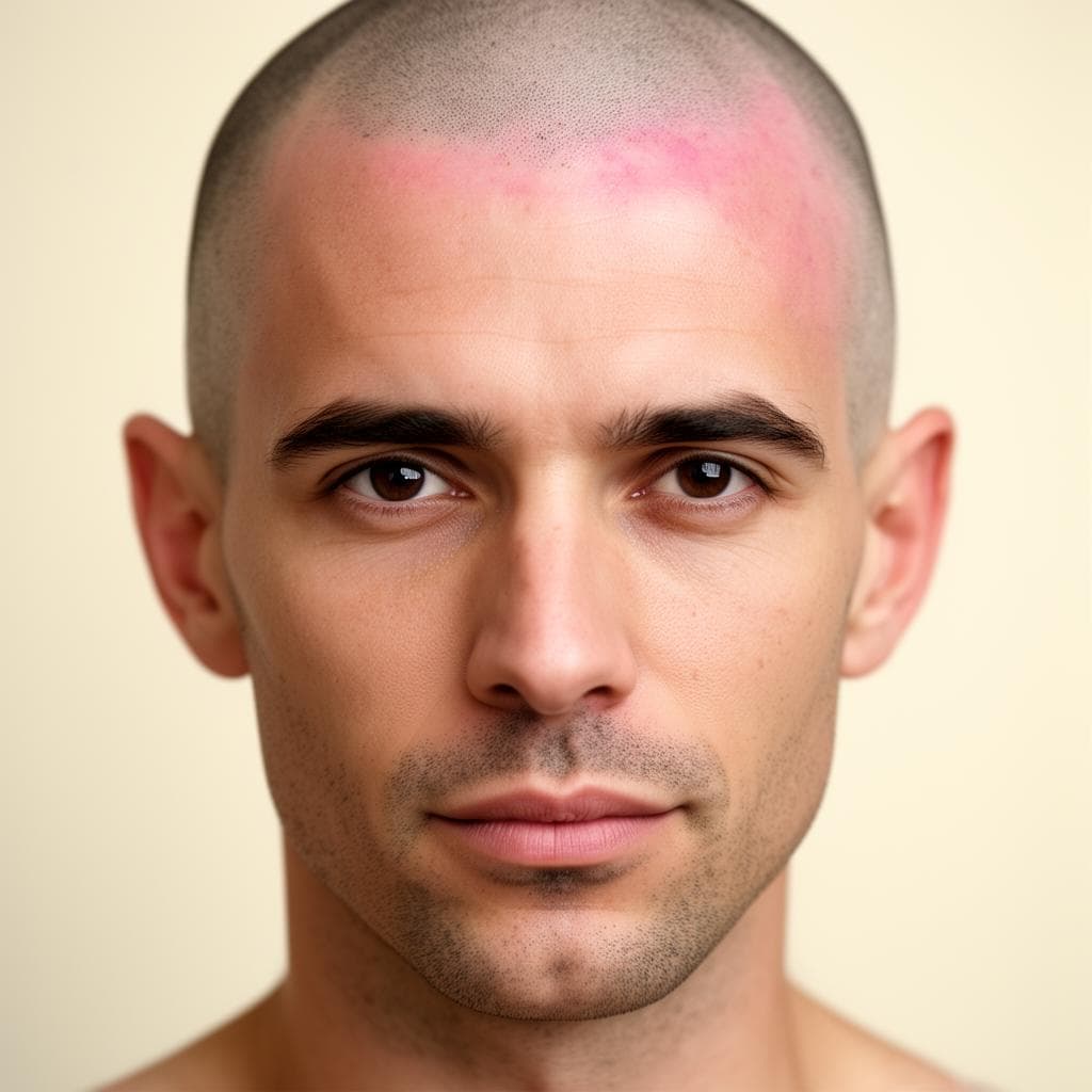 Close-up of an unsettled, flushed-looking scalp.