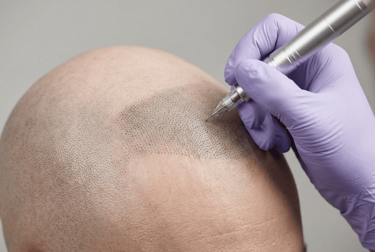 Editorial close-up representing scalp micropigmentation detail and scalp finish