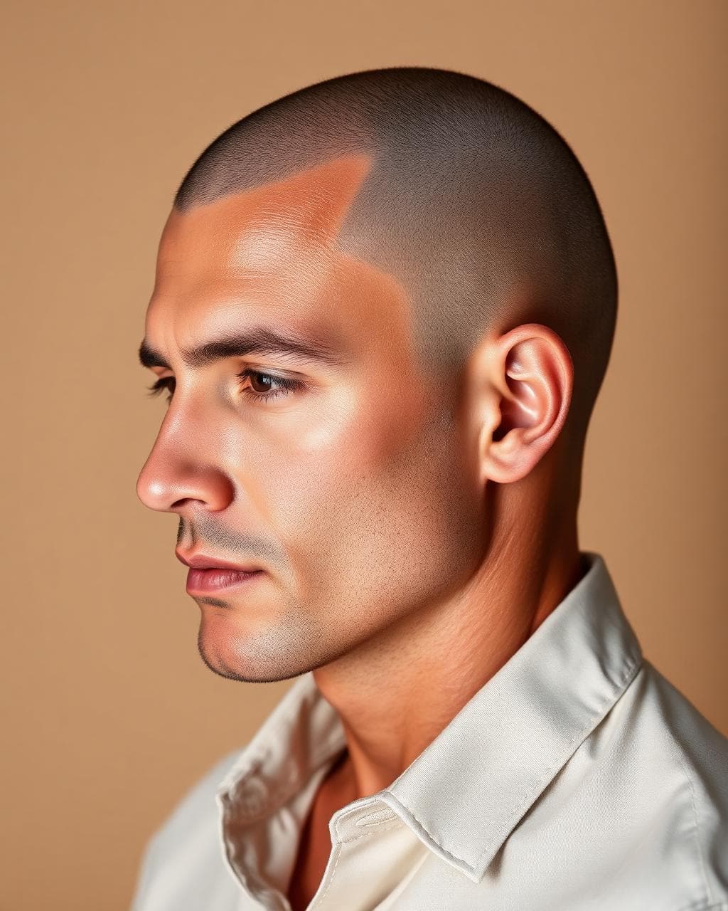 Side profile of a person with a refined shaved scalp