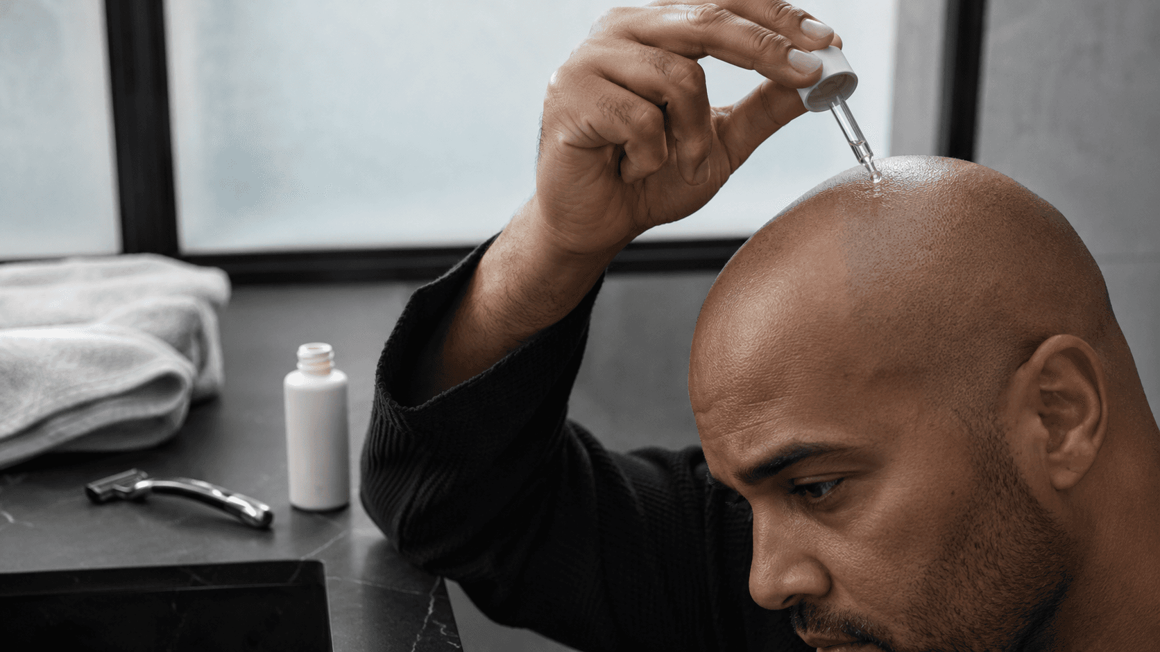 Matte shaved head finish with low-shine scalp care